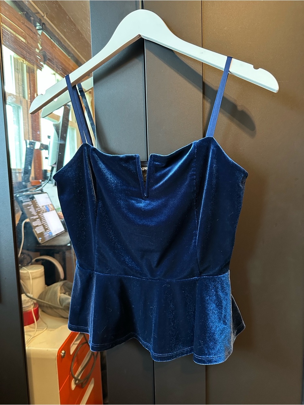 Express Blue Velvet Peplum Cami Top Sweetheart Neck Adjustable Straps Size SP